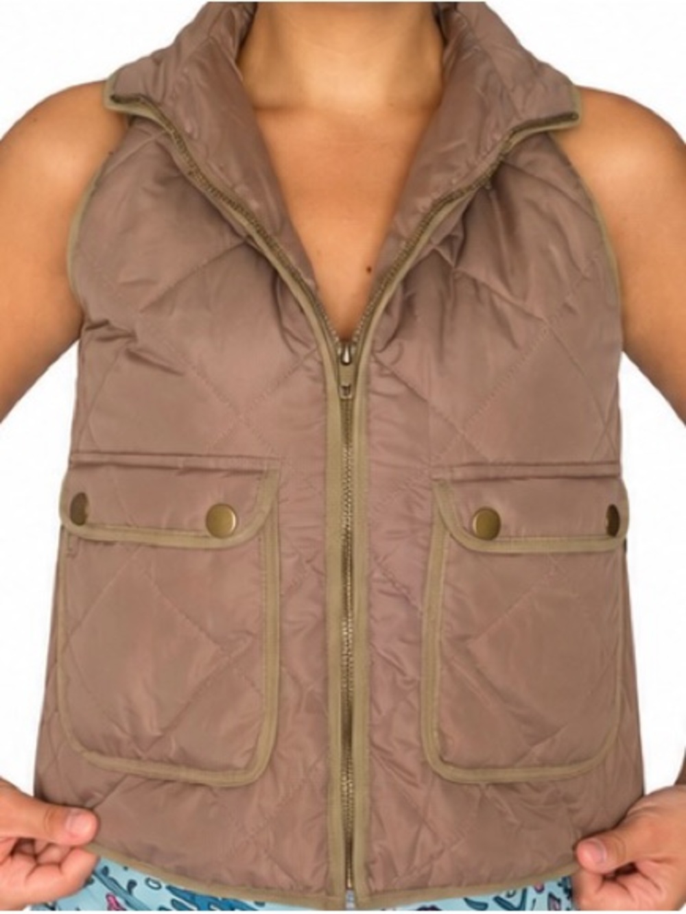 Altar'd State Quilted Taupe Vest with Olive Trim